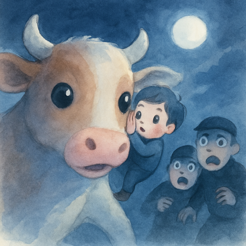 엄지가 소 귀 속에 들어가 소에게 방향을 지시하는 장면